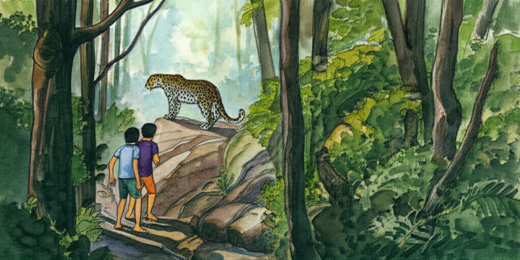 A watercolor illustration of Bina, Prakash, and Sonu standing on a narrow mountain path, looking fearfully at a leopard standing directly in their way. The forest is dense around them, a tapestry of greens and browns, with thick undergrowth and towering trees. The path is narrow and winding, barely visible through the foliage. The leopard is painted with a menacing grace, its eyes glowing with predatory intent. The children are frozen in fear, their faces pale and their bodies tense. The lighting is dim and ominous, creating a sense of claustrophobia and danger.