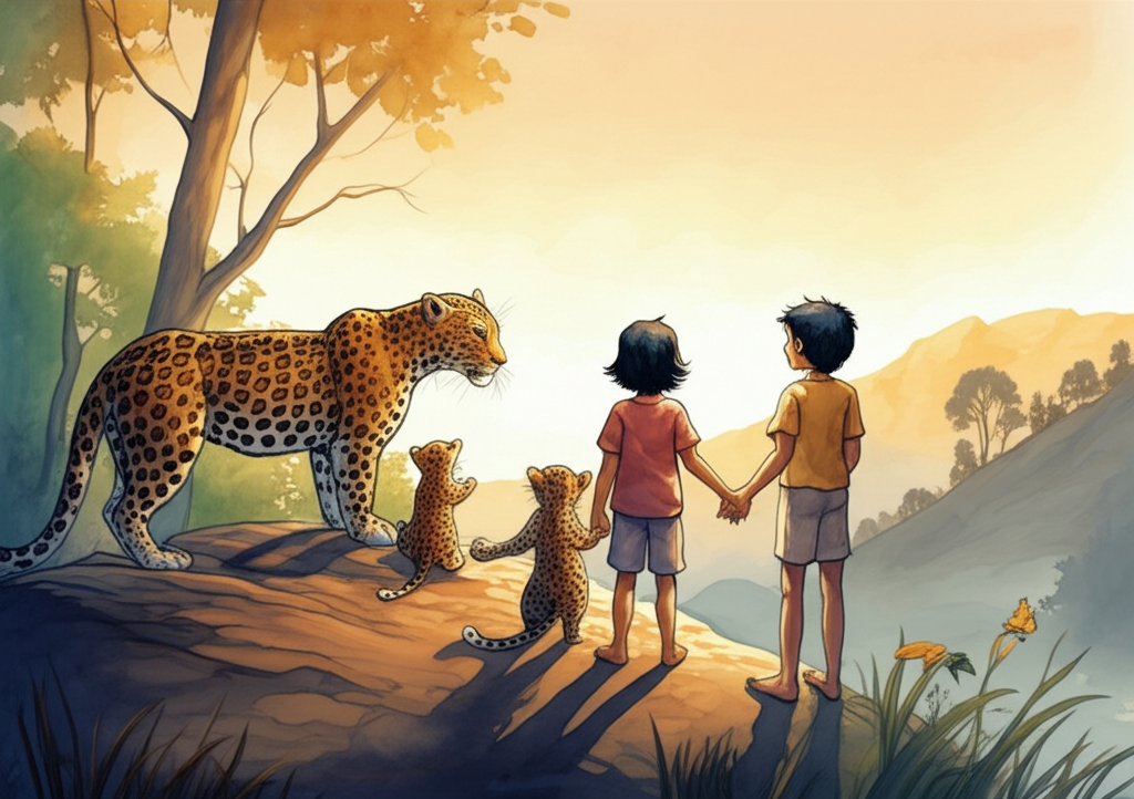 A watercolor painting of Bina, Prakash, and Sonu looking at a leopard with two playful cubs standing proudly on a rocky hill bathed in the warm glow of the morning sun. The cubs are small and fluffy compared to their mother, tumbling over each other and batting at butterflies. The leopard’s gaze is protective and watchful. Distant rolling hills and trees surround them, painted with soft, hazy colors. The overall scene conveys a sense of wonder and respect for nature’s power and beauty. The emotional tone is awe-inspired and peaceful.