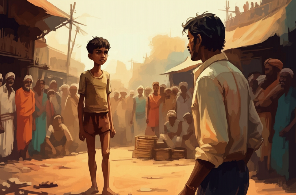 A skinny, young boy (Hari Singh), no older than 15, with a mischievous grin and close-cropped, dusty brown hair, approaches a slightly older man (Romi), maybe 25, with a lean build and kind eyes. Romi is captivated by a wrestling match in the foreground. The wrestling ring is a makeshift pit in a dusty, vibrant Indian market, with two powerfully built wrestlers grappling in a cloud of sweat and dust, their oiled bodies glistening under the harsh midday sun. The scene is alive with the cacophony of market sounds and a riot of colors: saffron robes, turquoise textiles, and earthen browns. Sunlight creates deep shadows, highlighting the texture of the rough-hewn wooden fence surrounding the ring and the animated faces in the crowd. Watercolor illustration with soft blending and natural flow, capturing the vibrant energy of India.