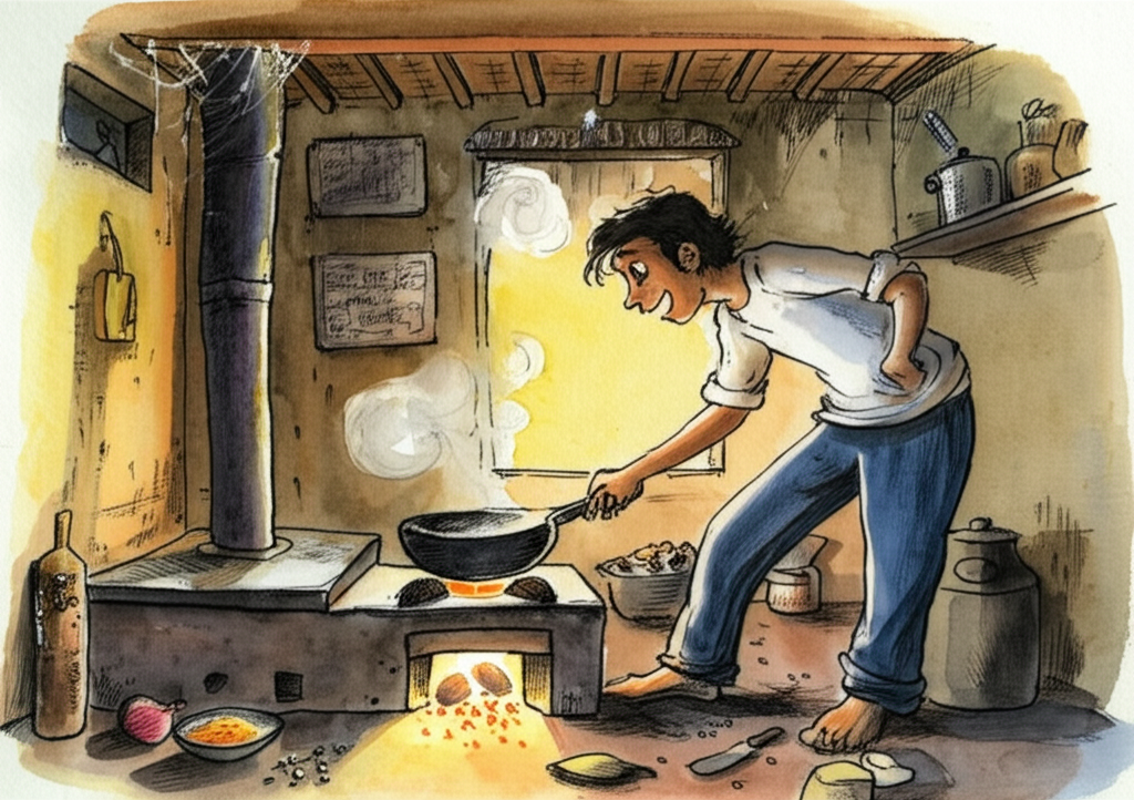 Hari Singh and Romi are in a cramped, low-ceilinged room above the Delhi Sweet Shop. Soft, diffused light filters in through a small, dusty window. Hari Singh, looking young and vulnerable, is attempting to cook a meal over a small, smoky charcoal stove. His face is smeared with flour and his brow is furrowed in concentration. He’s unsure, holding a dented metal pan awkwardly. Romi, leaning against a rough, whitewashed wall, watches with a slightly amused but patient expression. He has a rolled-up sleeve and a relaxed stance. Cooking utensils – a chipped wooden spoon, a rusty knife – and simple ingredients like onions and lentils are scattered around a rough wooden table. The room has a warm, slightly cluttered feel with visible cobwebs in the corners and a worn, patterned rug on the uneven wooden floor. The overall color palette is warm yellows and browns, conveying a sense of home and humble living. Watercolor illustration, focusing on the textural details of the room and the interplay of light and shadow.