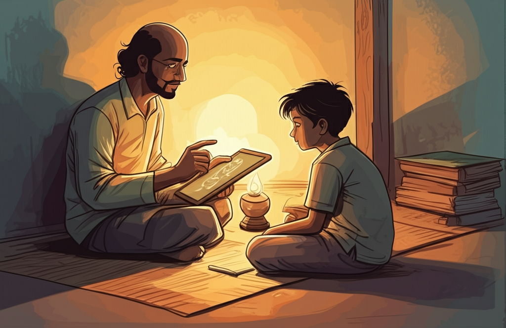 Romi, with gentle hands and a patient smile, is teaching Hari Singh how to write on a small, worn slate board. Romi is pointing at a freshly chalked letter with a kind expression, his face illuminated by the soft glow of a single oil lamp. Hari Singh, seated on the floor, looks focused and eager to learn, his dark eyes reflecting the lamplight. His brow is slightly furrowed in concentration. The room is simple and sparsely furnished with a woven mat on the floor and a single, tattered blanket folded neatly in the corner. The walls are a faded ochre color. Shadows dance on the walls, creating a sense of intimacy and quiet dedication. The overall color palette is muted and warm, dominated by the yellow and orange tones of the lamplight. Watercolor illustration with a focus on the expressions and the subtle play of light and shadow, capturing the emotional connection between the two characters.