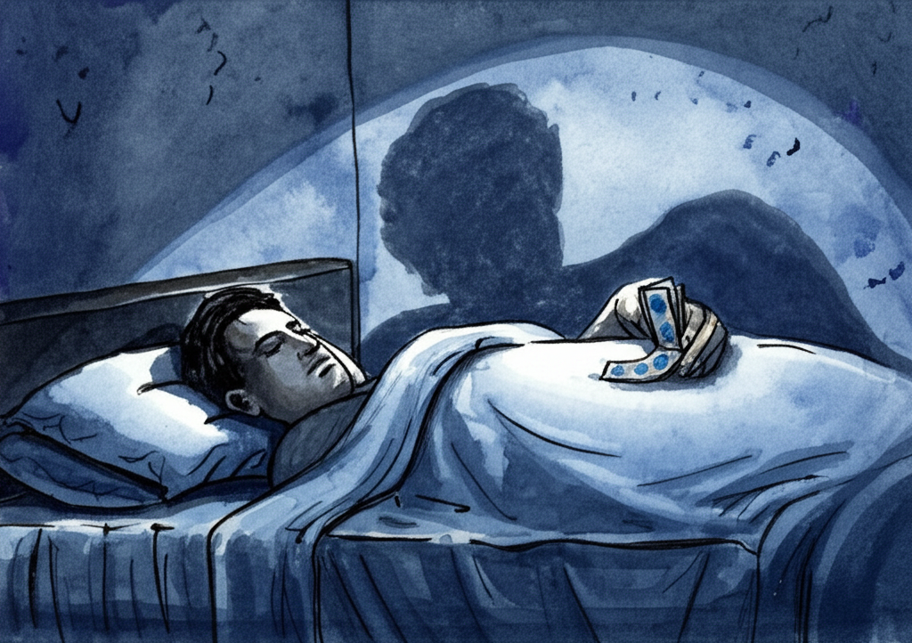Hari Singh, bathed in a sliver of cool moonlight streaming through a grimy window, is carefully taking money from under Romi’s mattress. Romi is asleep in his bed, his face relaxed and peaceful, his chest rising and falling gently. Hari Singh’s hand trembles slightly as he slides the crisp rupee notes out, his face etched with internal conflict. His body language is hesitant and furtive. The room is dimly lit, with the moonlight highlighting the rough texture of the worn cotton bedding and the cracks in the plaster walls. Shadows stretch long and distorted across the floor. The color palette is cool and muted, dominated by blues and grays, reflecting the stillness of the night and the internal turmoil of Hari Singh. Watercolor illustration, emphasizing the contrast between the tranquility of Romi and the turmoil of Hari Singh, and the textures of the humble surroundings.