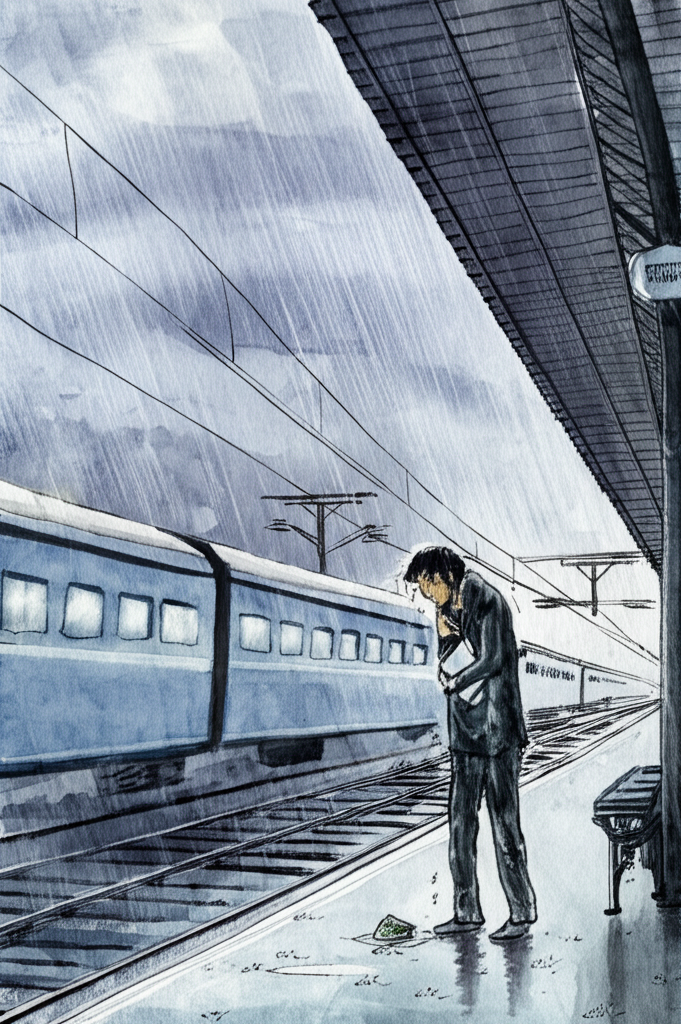 Hari Singh stands alone on a rain-slicked train platform, clutching a wet, crumpled envelope of money. The Lucknow Express train is departing in the background, its carriages partially obscured by the torrential rain and swirling steam. The platform is deserted and forlorn. He appears lost and uncertain, his clothes soaked and his hair plastered to his forehead. He clutches the envelope tightly, as if it’s a lifeline. Rainwater drips from the eaves of the station building, creating puddles that reflect the blurred lights of the train. The color palette is dominated by cool blues and grays, reflecting the bleakness of the weather and Hari Singh’s despair. Watercolor illustration, capturing the feeling of isolation and uncertainty through the use of atmospheric perspective and a limited color palette.