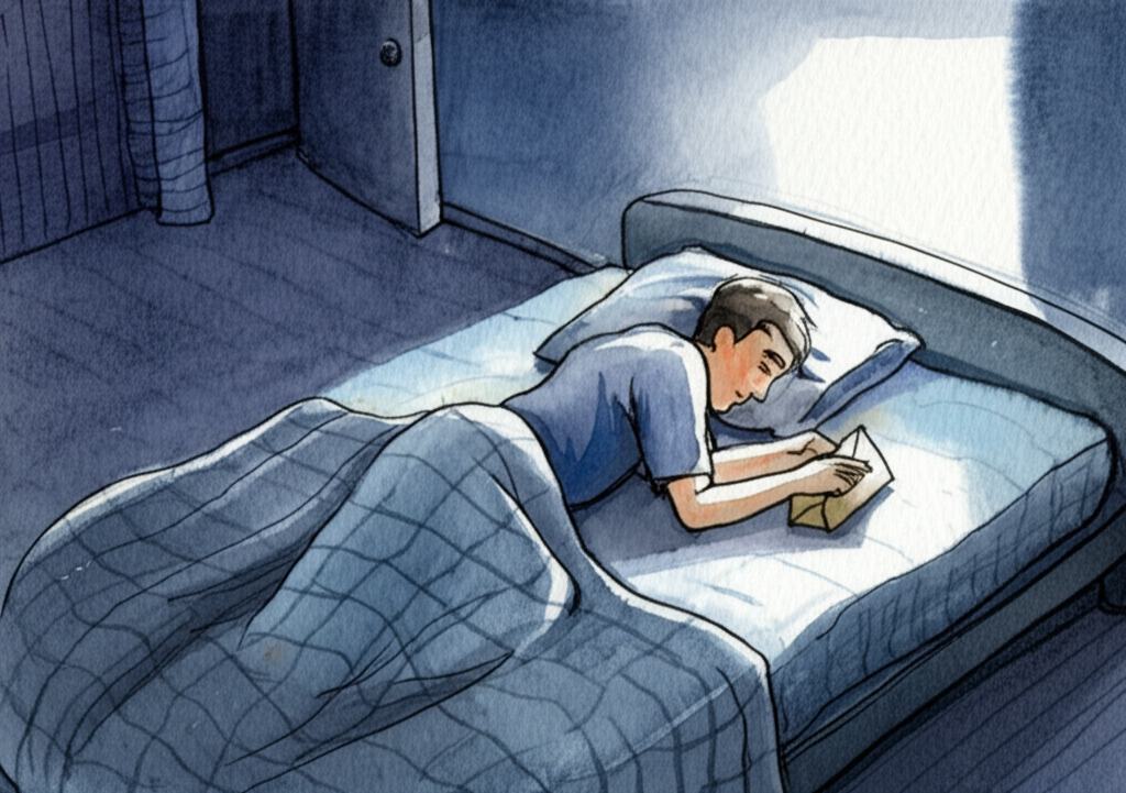 Hari Singh, his face etched with remorse, is subtly sliding the envelope of money back under Romi’s mattress while Romi sleeps peacefully, unaware. His movements are slow and deliberate, his posture conveying a sense of deep regret. The room is lit by a soft, ethereal moonlight, casting long shadows across the floor. The air is still and quiet. The rough texture of the blanket contrasts with the smoothness of Romi’s skin. The color palette is muted and calm, dominated by soft blues and grays, creating a feeling of peace and forgiveness. Watercolor illustration, emphasizing the contrast between Hari Singh’s inner turmoil and Romi’s peaceful sleep, using soft lighting and delicate brushstrokes to convey the emotional weight of the scene.