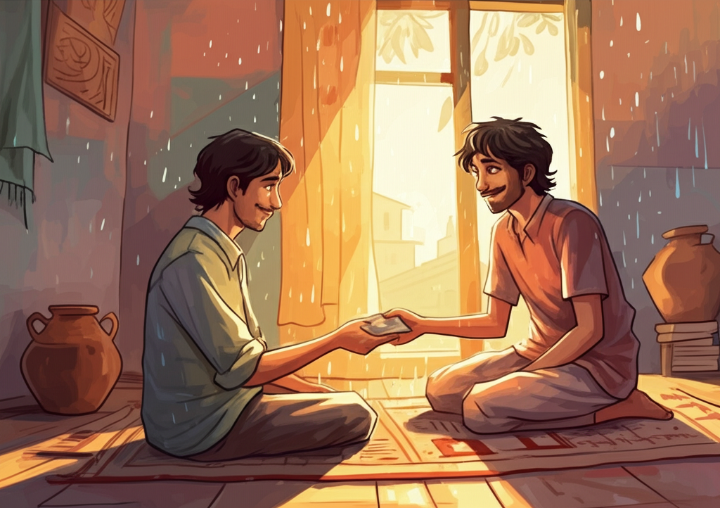 Romi, his eyes twinkling with knowing kindness, is handing a wet, slightly crumpled fifty-rupee bill to Hari Singh. The morning sunlight streams through the window, illuminating dust motes dancing in the air and casting a warm glow on their faces. Romi smiles knowingly, his expression forgiving and understanding. Hari Singh, his head bowed in shame but with a glimmer of hope in his eyes, looks ashamed but deeply grateful. The scene is set in their simple room, with sunlight highlighting the rough texture of the wooden floor and the faded patterns of the woven mat. A chipped clay pot sits on the windowsill, holding a single wilting flower. The color palette is warm and inviting, dominated by yellows and oranges, conveying a sense of forgiveness and renewed hope. Watercolor illustration, focusing on the expressions and the interplay of light and shadow, capturing the emotional resolution of the story.