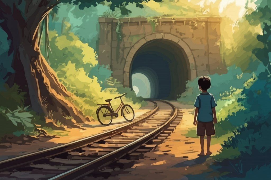 A young boy, Suraj, stands near weathered train tracks disappearing into the inky maw of a dark tunnel entrance deep within a lush, vibrant green jungle. The late afternoon sun casts long, dappled shadows through the dense foliage. The air above the tracks shimmers with intense heat haze, distorting the distant view. A rusty bicycle, its tires slightly deflated, leans against the gnarled roots of a nearby banyan tree. Suraj is barefoot, wearing a faded blue shirt and brown shorts, his face etched with a mixture of excitement and trepidation. Watercolor style, soft blending, natural flow.
