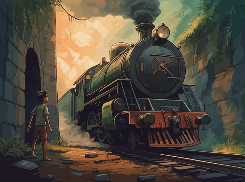 A majestic steam train, painted in deep black and forest green with ornate gold accents around the wheels and boiler, bursts forth from the suffocating darkness of a tunnel entrance, bellowing steam that momentarily obscures the jungle canopy. Sparks fly from the wheels, illuminating the damp tunnel walls. A small boy, Suraj, wearing simple clothes dusted with dirt, stands to the side on a patch of dry, cracked earth. He’s looking up in wide-eyed awe, his mouth slightly agape, instinctively taking a step back from the thundering machine. The scene is awash in the warm, orange glow of the setting sun filtering through the steam. Watercolor style, soft blending, natural flow.