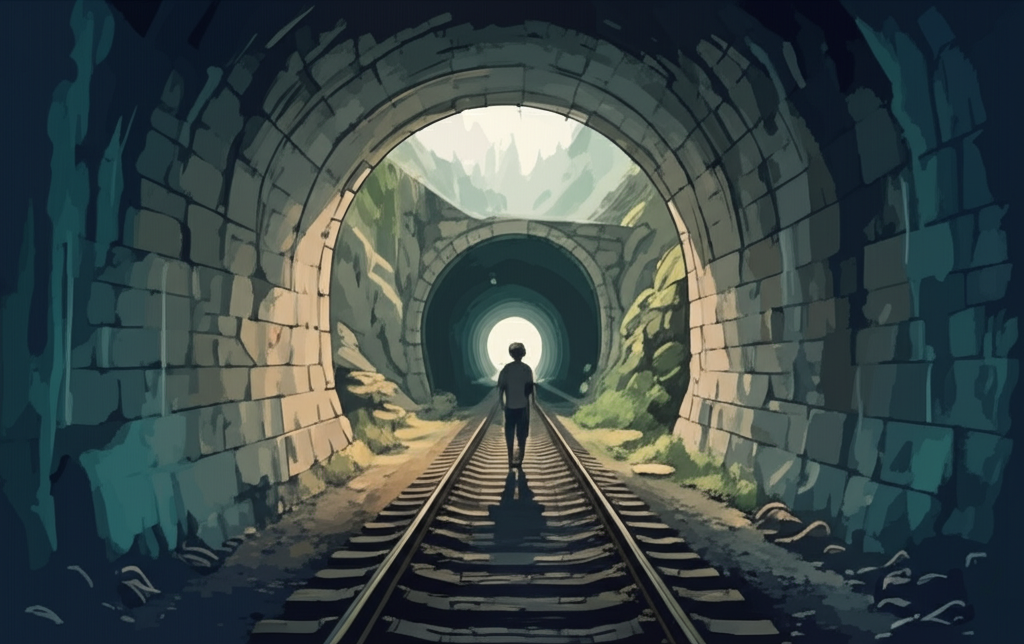 Suraj, small and vulnerable, walks alone into the oppressive darkness of a train tunnel, his back to the viewer. The tunnel walls are slick with moisture, reflecting the limited light in oily patches. Water drips from the arched ceiling. The air is thick with the smell of damp earth and coal dust. A single, almost blinding circle of sunlight is visible at the tunnel’s far end, promising escape. His shoulders are slumped slightly, conveying a sense of determined loneliness. The color palette is muted and cool, emphasizing the claustrophobia and uncertainty. Watercolor style, soft blending, natural flow.