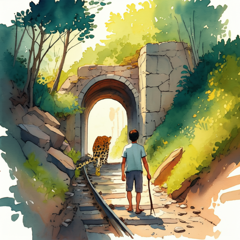 Suraj stands at the opposite end of the tunnel, emerging into the blinding brightness of the full mid-day sun, shielding his eyes with a dirt-streaked hand. He squints, trying to adjust to the light after the oppressive darkness. On the steep, overgrown hillside to his left, a fleeting glimpse of an orange and gold leopard tail, adorned with black rosettes, disappears silently into the dense trees. The air is thick with the scent of wildflowers. The sunlight highlights the fine hairs on his arms. Watercolor style, soft blending, natural flow, vibrant sun-drenched color palette.