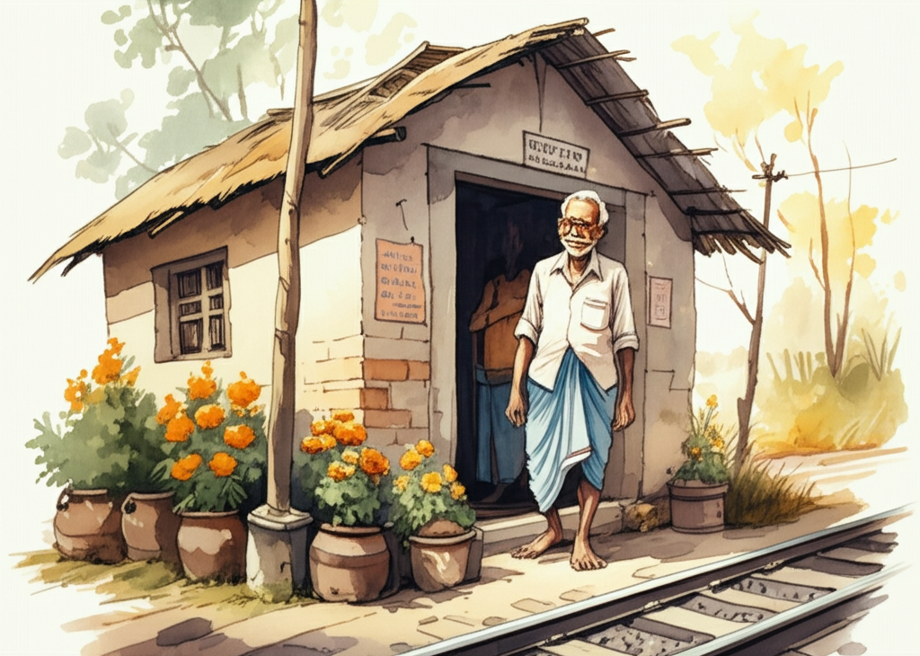 A small, rustic house constructed of mud bricks and weathered wood, its thatched roof slightly askew, stands peacefully beside the train tracks. Vibrant orange and yellow marigolds explode with color in front of the doorway, overflowing from cracked clay pots. Sunder Singh, the watchman, an elderly man with kind eyes and a weathered face etched with wrinkles, stands in the doorway, his white mustache neatly trimmed. He is smiling warmly at Suraj, a welcoming and comforting gesture. A faded blue lungi is wrapped around his waist. Watercolor style, soft blending, natural flow, emphasizing the warmth and tranquility of the scene.