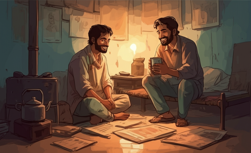 Inside the watchman’s small, dimly lit house, Sunder Singh and Suraj are sitting cross-legged on a worn, woven bed. They are sharing a pot of sweet, milky tea. An old, flickering oil lamp, resting on a small wooden table, casts a warm, golden glow on their faces, highlighting their shared smiles. A dented tin kettle sits on a small, rusty stove in the corner, emitting a faint whistle. The walls are adorned with faded posters of Hindu deities. A rough, patched blanket is folded neatly at the foot of the bed. Watercolor style, soft blending, natural flow, focusing on the intimate and cozy atmosphere.