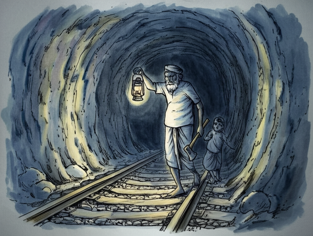 Sunder Singh, his face illuminated by the soft glow of a lit oil lamp held high in his left hand, cautiously enters the forbidding darkness of the train tunnel. He carries a heavy, well-worn axe in his right hand, its blade glinting faintly in the lamplight. Suraj, his young face etched with worry and apprehension, follows close behind, clinging to the back of Sunder Singh’s dhoti. The tunnel walls drip with moisture, reflecting the lamplight in distorted patterns. The air is heavy with the smell of damp earth and the distant echo of dripping water. Watercolor style, soft blending, natural flow, creating a sense of suspense and uncertainty.