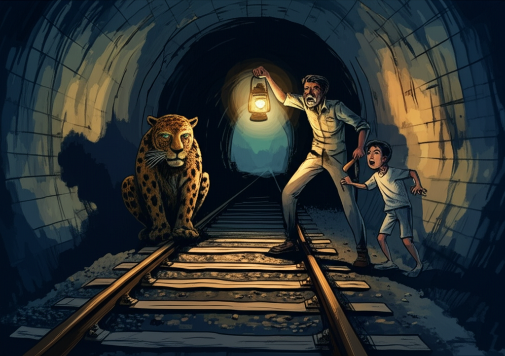 A magnificent leopard, its sleek orange coat patterned with black rosettes, crouches low between the cold, steel train tracks inside the tunnel. Its eyes glow with an eerie green light, reflecting the lamplight. Sunder Singh, his face a mask of determination and fear, holds the lamp aloft and brandishes his axe. Suraj, his eyes wide with terror, clings to Sunder Singh’s leg, shouting in a high-pitched voice. The flickering lamplight casts long, dancing shadows on the damp tunnel walls, amplifying the drama and danger of the moment. Watercolor style, soft blending, natural flow, focusing on the raw emotion and primal fear.