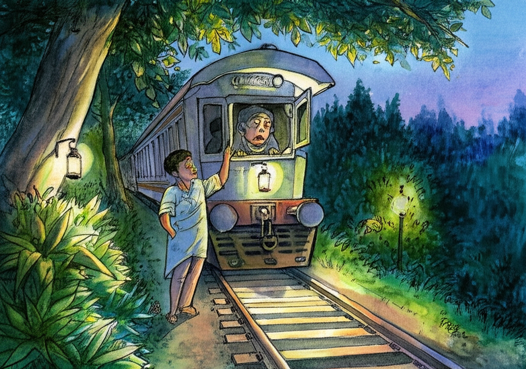 The night train, a long serpent of steel and light, rushes past the watchman’s house, its windows glowing warmly against the inky blackness of the night. The watchman’s lamp, hanging on a hook outside his door, shines brightly, a beacon of safety in the darkness. Suraj, his small face pressed against the train window, looks out, waving goodbye with a sad smile. The rhythmic clatter of the train fades into the distance. Fireflies twinkle in the nearby jungle. Watercolor style, soft blending, natural flow, capturing the fleeting moment and the bittersweet farewell.