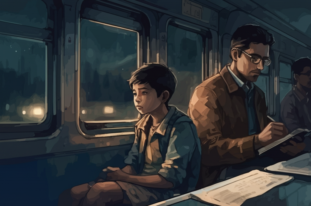 Suraj sits by a train window at night, gazing out at the passing darkness. The blurred landscape is punctuated by occasional flickering lights from distant villages. His face is pensive, lost in thought. His father, a kind-faced man with tired eyes and wire-rimmed glasses, sits beside him, absorbed in writing in a leather-bound notebook. The faint, silvery glow of the moon, visible through the window, illuminates their faces, creating a sense of quiet intimacy and shared understanding. The rhythmic rocking of the train lulls them into a peaceful stillness. Watercolor style, soft blending, natural flow, emphasizing the bond between father and son and the mystery of the night journey.