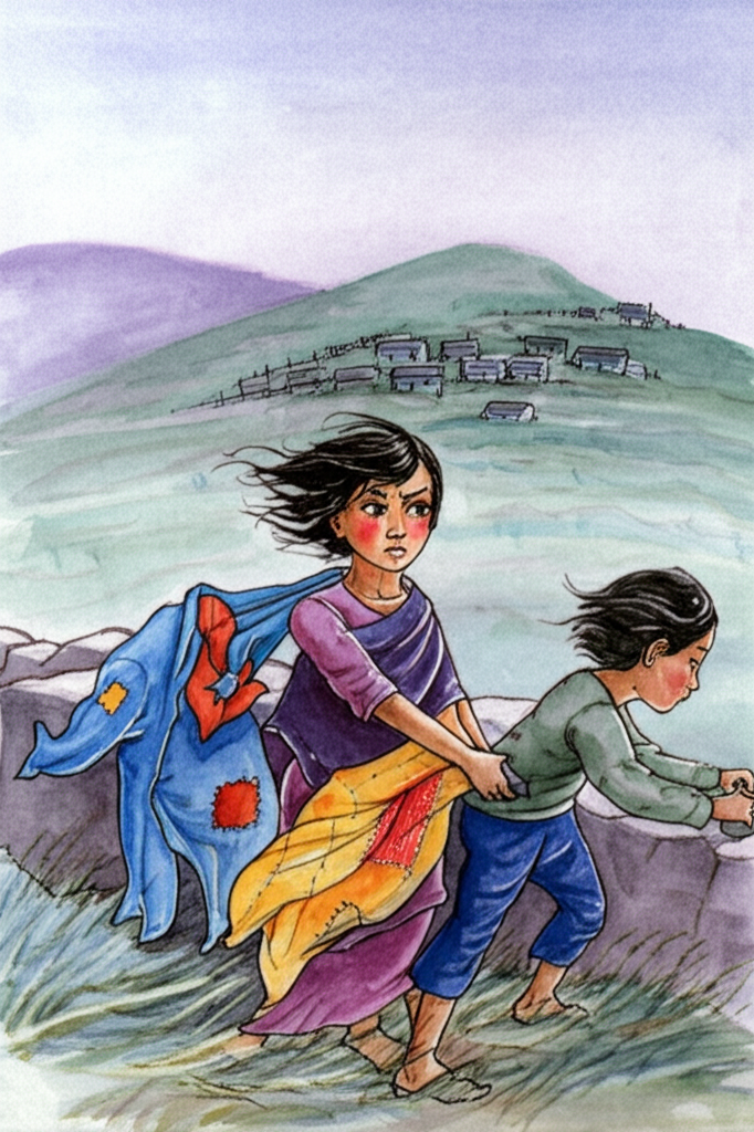 Watercolor illustration of Usha, Suresh, and Binya on a windy hilltop village. They are securing vibrant, patched clothes – a faded blue shirt, a red and yellow sari – to a crumbling stone wall with jagged-edged rocks. Usha has dark, windblown hair framing a face with rosy cheeks, her brow furrowed in concentration. Suresh is younger and smaller, clutching a stone tightly, his eyes wide with exertion. Binya is slightly older than Usha, her hands deftly pinning a colorful cloth, a serene expression on her face despite the harsh wind. In the background, a distant, dilapidated town sits atop another hill, partially obscured by blowing wind and a hazy, grey sky tinged with a touch of lavender. The watercolor effect should emphasize the texture of the stone, the wind’s movement through the clothing, and the soft, diffused light typical of a windy day. The overall tone is one of resilience and quiet determination, rendered with delicate watercolor washes.