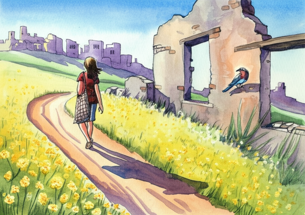 Watercolor illustration depicting Usha walking alone on a winding path through fields of yellow wildflowers, dandelions and buttercups, swaying gently in the breeze. Sunlight dapples the path, creating long, soft shadows. She carries a worn, checkered shopping bag that bulges slightly with its contents. Her posture is relaxed, but her gaze is fixed on the distance. Behind her, the broken ruins of an old town are visible on a hilltop under a clear, early afternoon sky, the azure deepened at the horizon. A bird with shiny purple feathers, an Indian Roller, sits perched on a crumbling ruined window frame, its head cocked to the side, observing Usha. The watercolor should capture the vibrancy of the yellow flowers, the dusty texture of the path, and the stark contrast between the colorful field and the grey stone of the ruins. A feeling of peaceful solitude permeates the image.