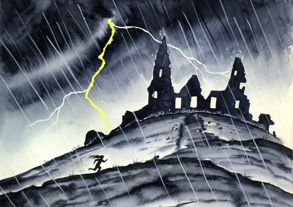 Watercolor illustration of a fierce thunderstorm raging over Haunted Hill. Jagged lightning illuminates the crumbling walls of the old town ruins, revealing weathered stones and gaping window voids. Rain streaks across the image in thick, translucent washes, blurring the outlines of the ruins. In the foreground, a small, lone figure (Usha) runs towards the ruins, her hair plastered to her face, her arms wrapped around herself for protection. Her eyes are wide with a mix of fear and determination. The color palette is dominated by deep blues, grays, and whites, with flashes of electric yellow from the lightning. The watercolor should convey the sheer force of the storm, the vulnerability of the lone figure, and the ominous atmosphere of the ruins. The texture of the rain-soaked stone should be palpable.