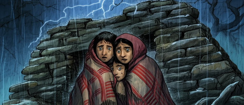 Watercolor illustration showing Usha, Suresh, and Binya huddled together for warmth inside a dilapidated stone ruin during a thunderstorm. Rain pours down outside, creating a waterfall effect over the broken windows. The interior is dimly lit, and faint, flickering lightning illuminates their faces, revealing their expressions. They look scared, their eyes wide and their bodies tense, but are comforted by each other’s presence; Usha has her arm around Suresh, and Binya holds them both. A tattered, woolen blanket, its texture rough and worn, is draped around their shoulders. The stone walls are damp and covered in moss. The color palette is muted, primarily grays and browns, with the occasional flash of cool light from the lightning. The watercolor technique should emphasize the contrast between the cold, wet exterior and the (relatively) sheltered interior, and the palpable sense of fear and shared comfort.