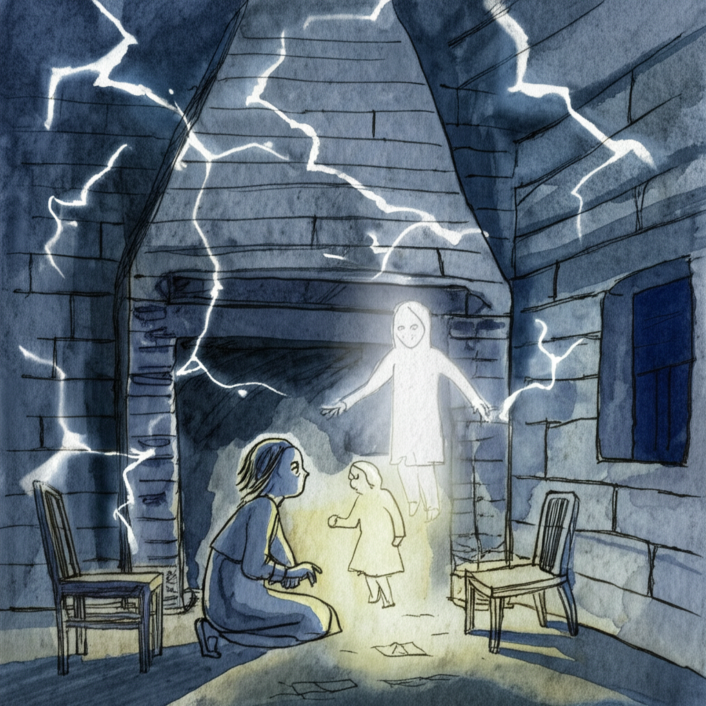 Watercolor illustration depicting the moment Usha sees the ghostly figures of two children illuminated by a flash of lightning in the ruins. The children are pale and translucent, their forms barely visible, and they crouch near an old, soot-stained fireplace, their expressions sorrowful. Usha is frozen in place, her eyes wide with terror, but also with a flicker of curiosity. The air crackles with energy. Dust motes dance in the lightning’s glow. The ruins are filled with shadows, and the only visible details are the rough texture of the stone walls and the remnants of a broken wooden chair. The color palette is dominated by dark blues and grays, with the spectral figures rendered in pale whites and blues, and a faint yellow glow emanating from the fireplace. The watercolor should create a sense of ethereal mystery and chilling suspense, highlighting the ephemeral nature of the ghostly figures and Usha’s stunned reaction.