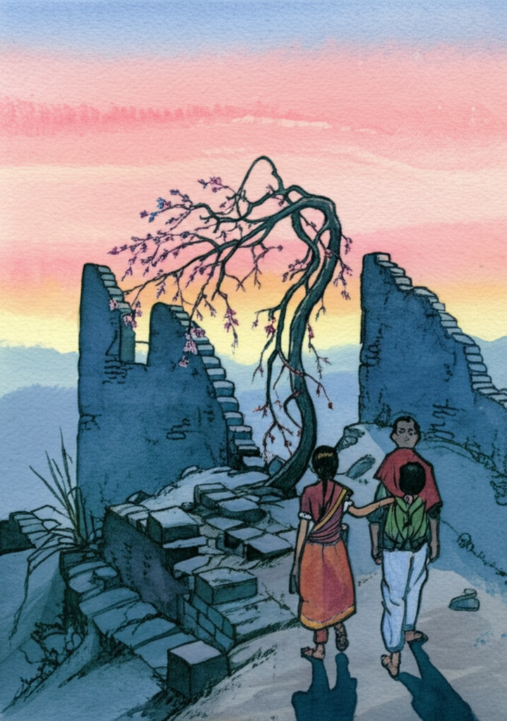 Watercolor illustration depicting Usha, Suresh, and Binya walking away from the ruins as dawn breaks. The sky is turning from deep indigo to soft pink and orange, casting long, dramatic shadows. The broken walls of the ruined town are silhouetted against the rising sun, creating a striking contrast. A bent plum tree, its branches laden with blossoms, grows precariously out of the ruins, its delicate petals illuminated by the first light. Usha is in the lead, her steps purposeful, while Suresh and Binya follow closely behind, their faces weary but relieved. The watercolor should capture the delicate colors of the dawn sky, the rough texture of the ruins, and the overall feeling of hope and renewal. The soft blending of colors should emphasize the ethereal quality of the dawn light.
