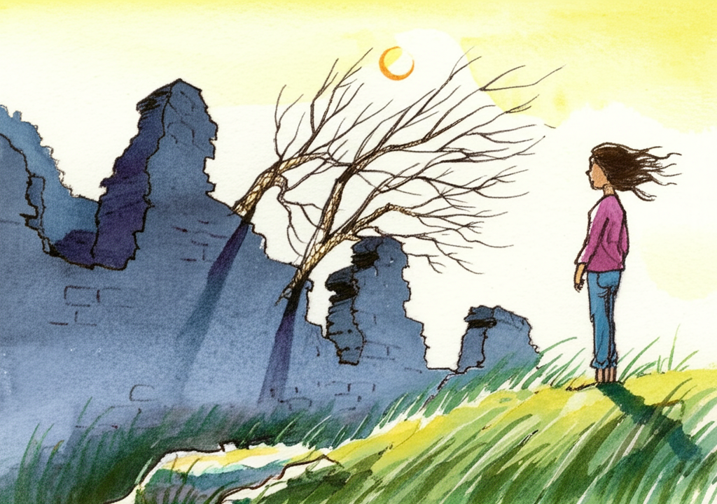 Watercolor illustration of Usha looking back at the ruins from a distance. She stands on a grassy knoll, the wind gently ruffling her hair. A gust of wind blows strongly through the broken walls, making the branches of the bent plum tree sway violently, its blossoms scattering in the air, giving the illusion of a ghostly hand waving goodbye. The sun shines brilliantly on the top of the wall, highlighting its weathered texture and casting a warm glow on the surrounding landscape. The rest of the ruins are shrouded in shadow. Her expression is wistful, a mixture of sadness and understanding. The watercolor should convey a sense of poignant farewell, the transient nature of memories, and the beauty of the natural world reclaiming the ruins. The vibrant colors of the landscape should contrast with the muted tones of the ruins, emphasizing the cycle of life and death.