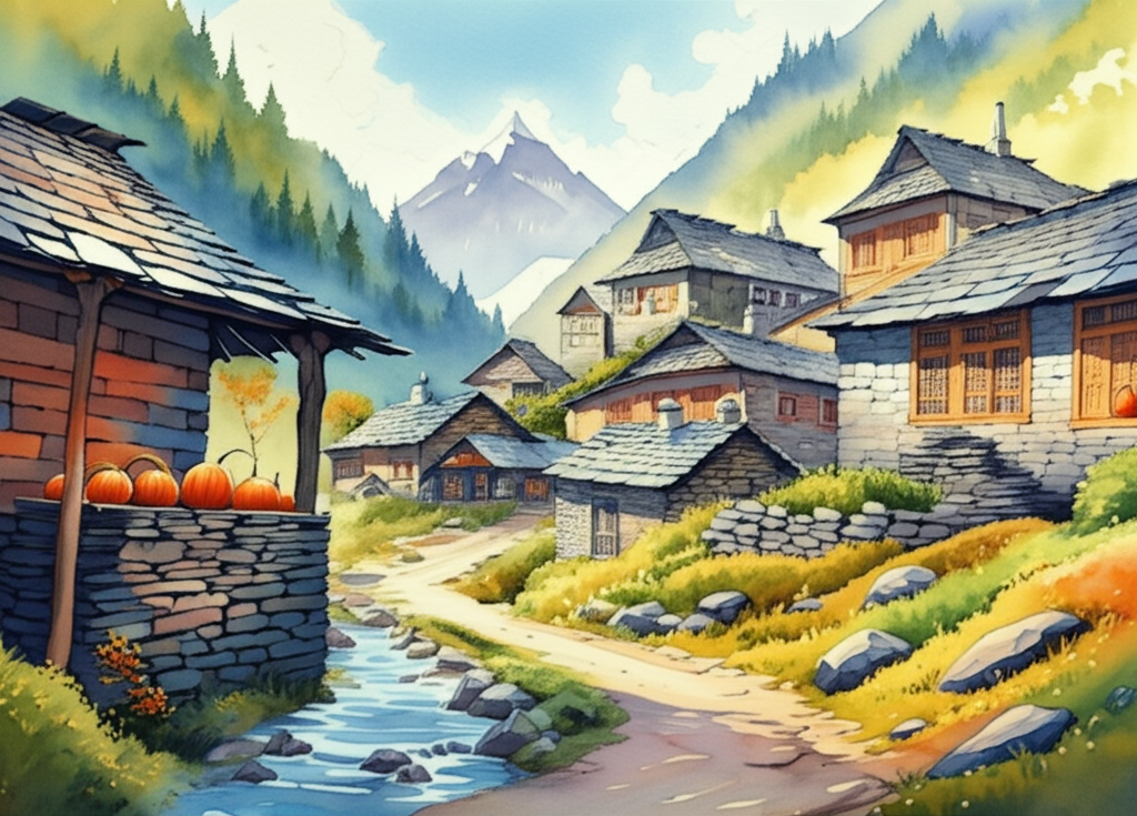 Watercolor illustration of a traditional Himalayan village nestled deep in a verdant valley. Golden sunlight bathes the scene, casting long shadows from the towering peaks surrounding the village. Stone houses with intricately carved wooden window frames and slanted slate roofs are visible, some adorned with bright orange pumpkins overflowing from woven baskets. A crystal-clear, gurgling stream runs through the village, reflecting the blue sky. It is a crisp, sunny autumn day. The air is filled with the scent of woodsmoke and pine. Textures: Rough stone walls, weathered wooden planks, glistening water. Color palette: Warm yellows, oranges, reds, contrasted with cool blues and greens. Emotional tone: Peaceful, serene, idyllic.