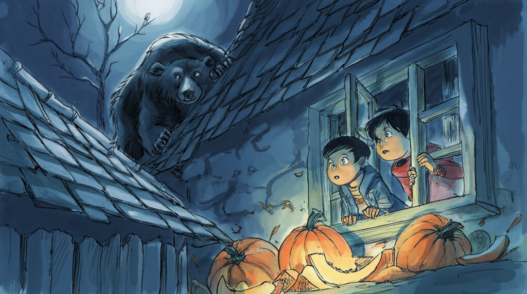 Watercolor illustration of two young boys, Tenzin and Sonam, peeking wide-eyed out of a window of a rustic stone house at night. Their faces are illuminated by the soft glow of an oil lamp inside, highlighting their apprehensive expressions. A large, black Himalayan bear, thick fur glistening in the moonlight, is precariously balanced on the slate roof, surrounded by scattered, smashed pumpkins. The air is crisp and cold. Moonlight illuminates the scene with a silvery glow, casting long, dramatic shadows. Textures: Smooth, cold glass, rough stone wall, thick bear fur, splintered pumpkin. Color palette: Deep blues, blacks, and grays punctuated by warm yellows from the lamplight. Emotional tone: Suspenseful, slightly fearful, curious.