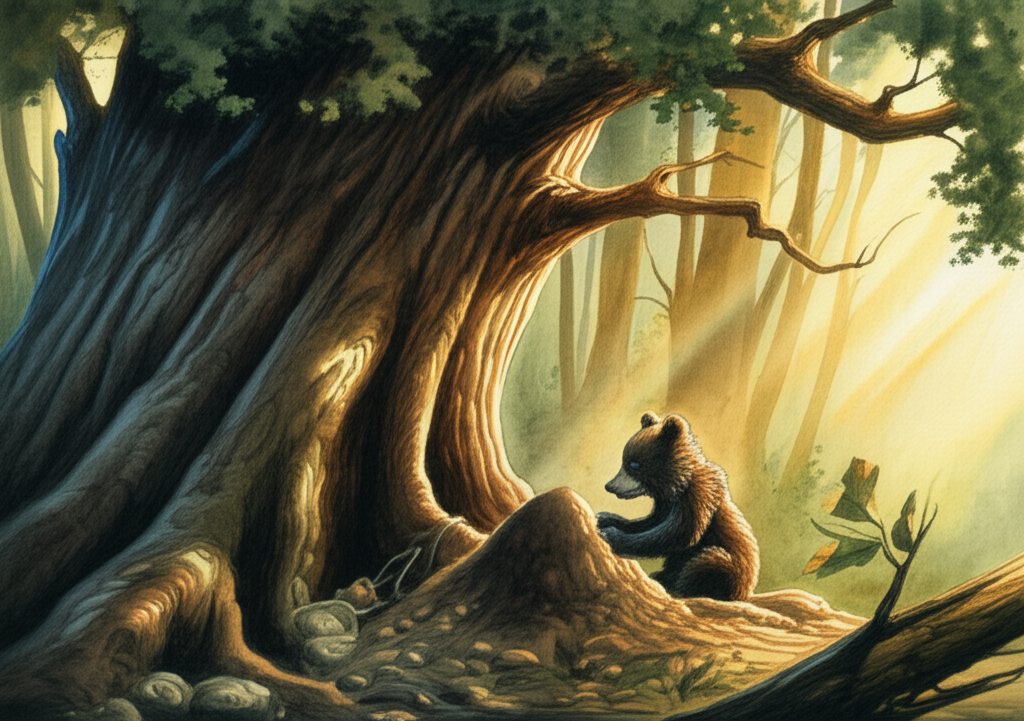 Watercolor illustration of a small, solitary Himalayan bear cub sitting under the sprawling branches of an ancient oak tree, diligently sniffing at an anthill. Soft, late afternoon sunlight filters through the leaves, dappling the forest floor. Dust is swirling gently around the cub, illuminated by sunbeams, creating a hazy atmosphere. The cub is a juvenile, with soft, shaggy fur, and appears alone, its expression a mix of curiosity and vulnerability. Texture: Coarse bark of the oak tree, fine dust particles, soft fur of the cub. Color palette: Earthy browns, greens, and muted golds, with highlights of sunlit dust. Emotional tone: Lonely, curious, innocent.