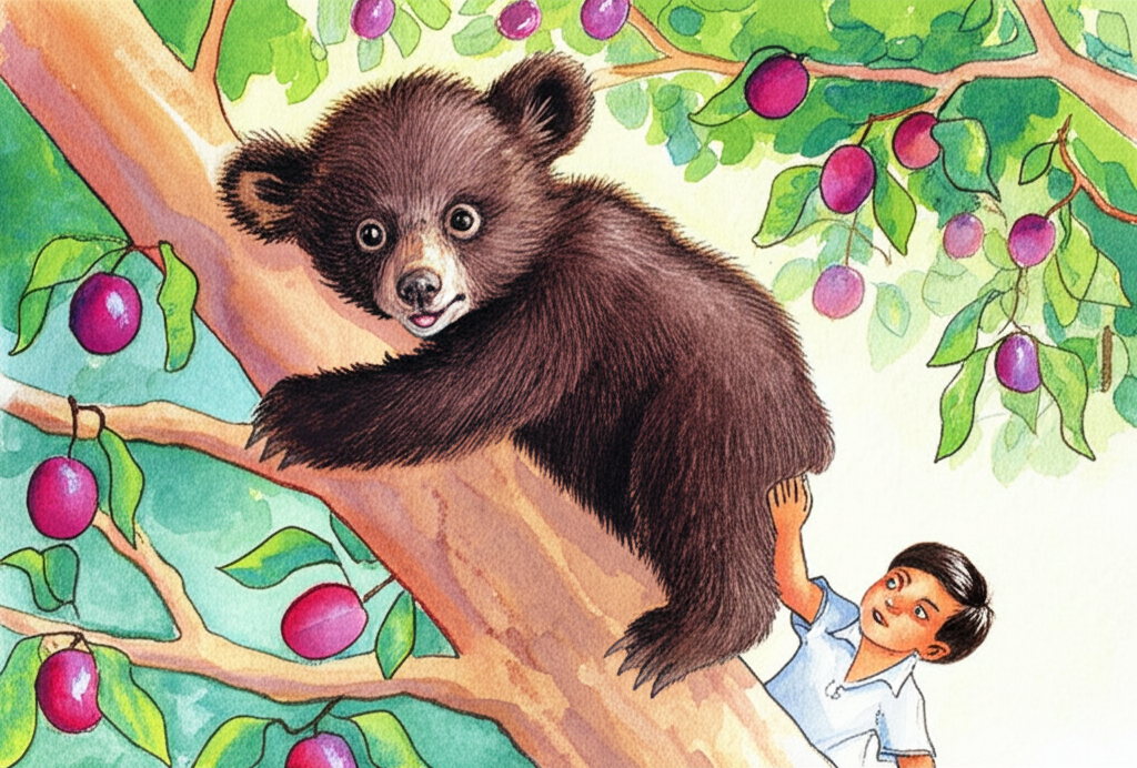 Watercolor illustration of a small Himalayan bear cub clinging precariously to a plum tree branch, its eyes wide with surprised delight. A young boy, Kunga, is partially visible, lower down in the tree, reaching for a ripe plum. Bright red and purple plums are scattered around the bear on the branch and on the ground below. The leaves of the plum tree are a vibrant green. The scene is bathed in the warm light of a summer afternoon. Textures: Smooth, juicy plums, rough bark of the plum tree, soft fur of the cub, worn cotton clothing. Color palette: Vibrant greens, reds, purples, and browns. Emotional tone: Playful, joyful, mischievous.