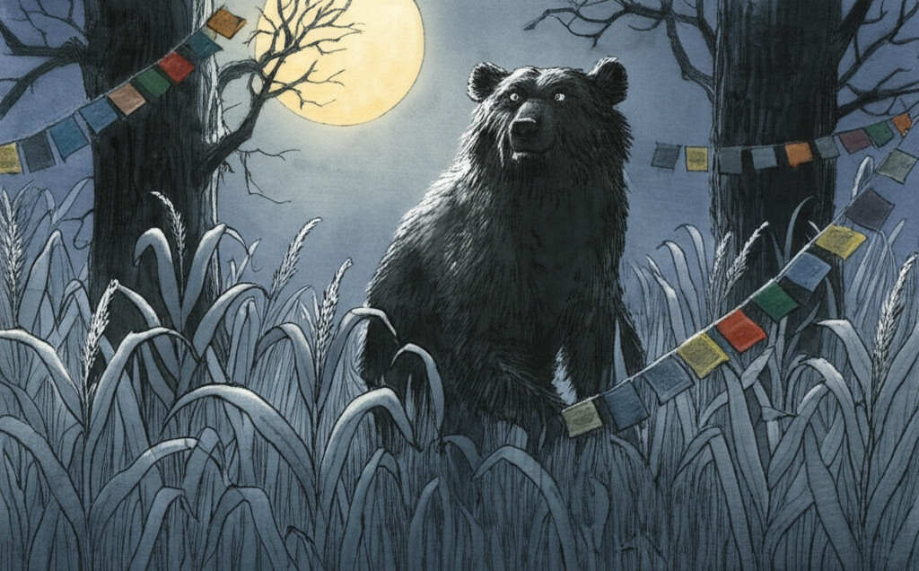Watercolor illustration of a mother Himalayan bear standing at the edge of a moonlit cornfield at night. Her large frame is silhouetted against the silver sky. Tall, rustling stalks of corn surround her. Tibetan prayer flags are hanging between two weathered trees, their faded colors fluttering gently in the cold wind. The bear is looking at them cautiously, her eyes reflecting the moonlight. Textures: Rustling corn stalks, faded prayer flags, coarse bear fur, rough bark. Color palette: Silvery blues, blacks, grays, and muted reds and oranges from the prayer flags. Emotional tone: Wary, watchful, mysterious.