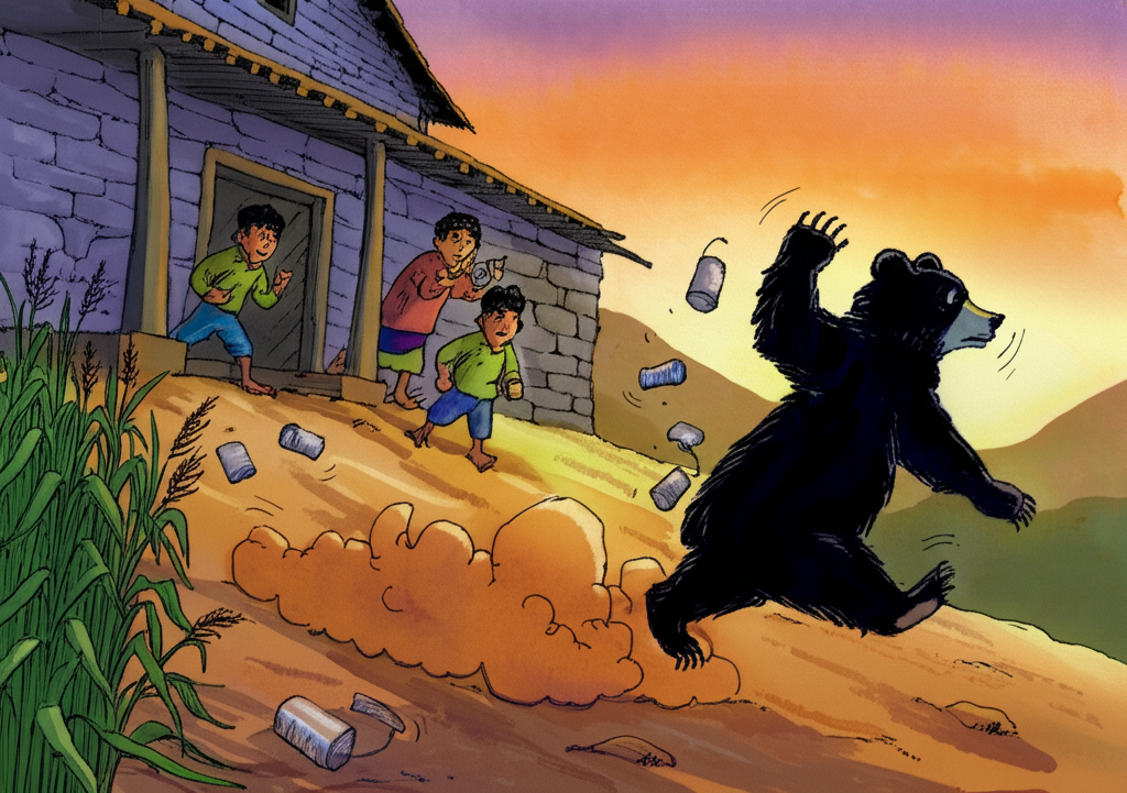 Watercolor illustration of a mother Himalayan bear stomping away from a cornfield downhill, her massive paws kicking up dust. She appears frustrated. In the background, a young boy, Tenzin, his friend Prem, and two smaller children are standing outside a traditional stone house with a wooden porch, banging on empty tin cans. The clatter echoes through the valley. The sun is setting, casting long shadows and painting the sky in hues of orange and purple. The house has a weathered wooden door and small, square windows. Textures: Dusty ground, dented tin cans, weathered wood, coarse bear fur. Color palette: Warm oranges, purples, and browns contrasting with the dark silhouette of the bear. Emotional tone: Frustrated, determined, noisy.
