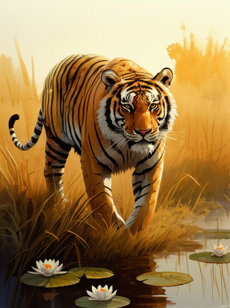 Watercolor illustration of an old tiger with gold and yellow fur, streaked with mud and battle scars, walking purposefully through tall, dry grass near a misty swamp at sunset. Long shadows stretch from the tiger, highlighting the texture of its fur. The tiger’s tail, tipped with black, is just visible above the golden grass. Water lilies with delicate white and yellow petals float on the dark, still water. A faint orange glow reflects off the water, creating a warm, melancholic tone. The air is thick with humidity. Style: Soft watercolor with visible brushstrokes and color bleeding, capturing the raw texture of the environment.