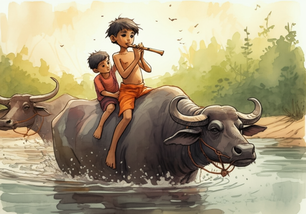 Watercolor illustration of Nandu, a skinny brown-skinned boy with dusty knees and a mischievous grin, playing a wooden flute while riding a placid buffalo. Chottu, a slightly smaller boy with wide, curious eyes, rides another buffalo behind the herd, clutching onto its back. They are crossing a shallow part of the Ganga river, water rippling around the buffalo’s legs. In the background, a thick, emerald green forest stretches to the horizon under a hazy, midday sky. The riverbanks are lined with lush vegetation and drying mud. The color palette is earthy and natural, emphasizing the vibrant greens and browns of the Indian landscape. Style: Loose watercolor technique with detailed facial expressions, conveying the joy and freedom of childhood.