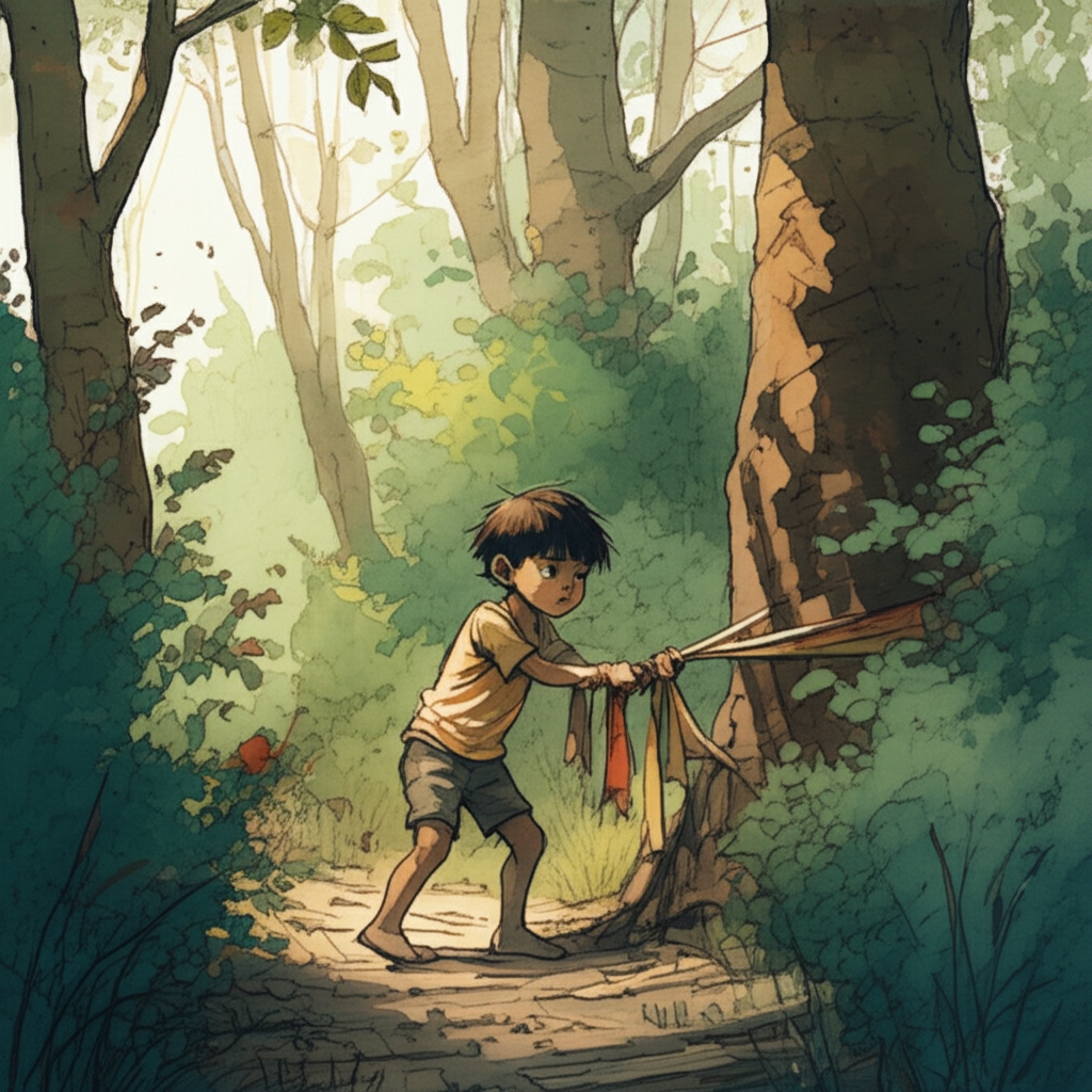 Watercolor illustration of Chottu, his brow furrowed with concern, carefully tying strips of faded, old cloth – reds, yellows, and greens – to small trees and bushes in the dense forest, creating makeshift warnings for the tiger about the approaching hunters. The filtered sunlight casts dappled shadows on the forest floor, highlighting the rough texture of the tree bark and the soft moss. The machaan, a rough-hewn platform constructed of dark mahogany wood, is subtly visible in the distance, built high in a tall mahogany tree, blending into the shadows. The scene evokes a sense of urgency and quiet determination. Style: Watercolor illustration with emphasis on texture and detail, using a limited color palette of greens, browns, and muted reds to create a sense of realism.