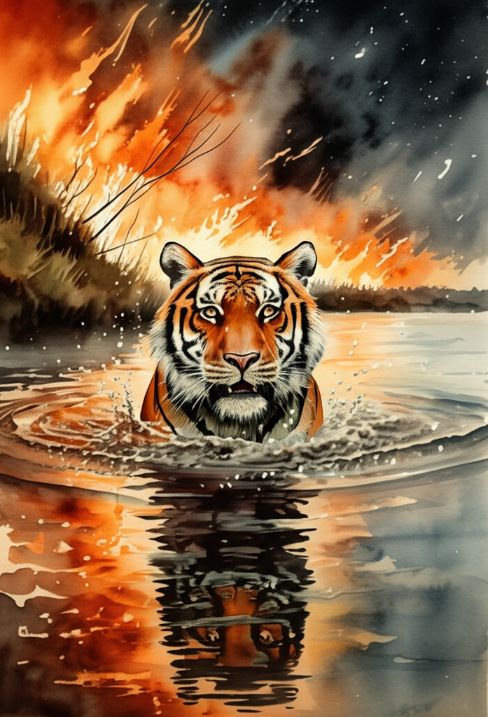 Watercolor illustration of the tiger, eyes wide with fear and desperation, swimming strongly towards a small island in the swamp. He leaves a trail of churning water behind. The shoreline is engulfed in a raging forest fire, depicted with fiery oranges, reds, and yellows. Smoke billows thick and black into the air, obscuring the stars in the night sky. The firelight illuminates the tiger’s wet fur and reflects in his panicked eyes. The overall tone is chaotic and dramatic, filled with the raw power of nature. Style: Expressive watercolor painting with strong contrasts and dynamic brushstrokes, capturing the intensity of the fire and the tiger’s struggle for survival.