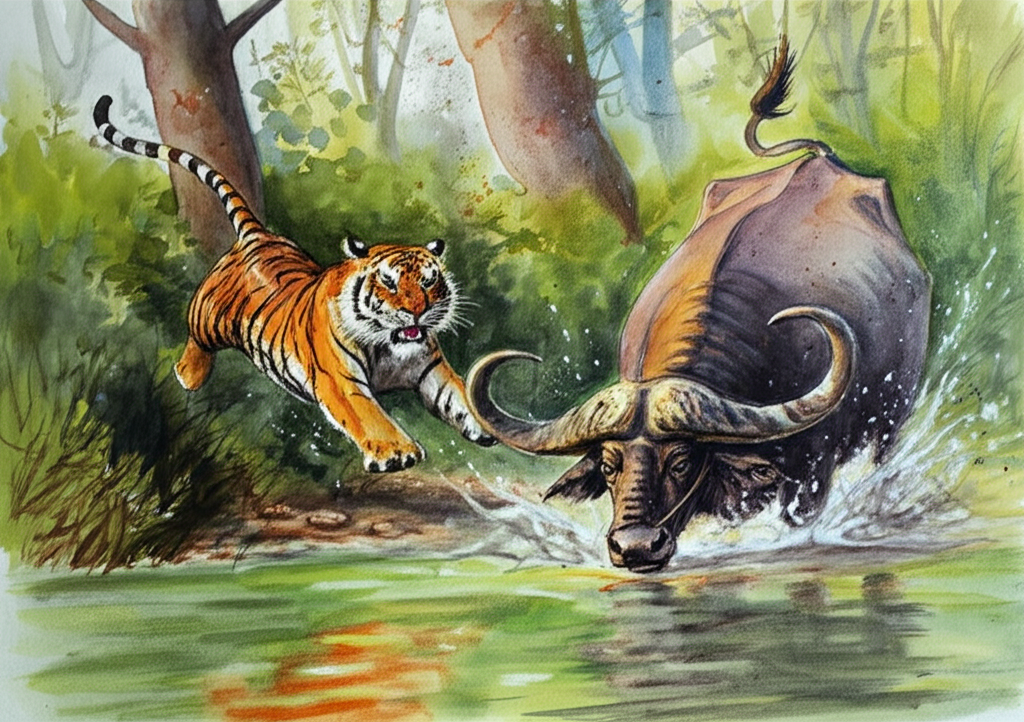 Watercolor illustration of the tiger, a blur of orange and black stripes, leaping from behind a dense thicket, attacking a large, muscular male buffalo drinking water at the edge of the swamp. The buffalo’s head is lowered, oblivious to the danger, its dark eyes reflecting the surrounding trees. The water is shallow and muddy, with a thick, green layer of algae on top, disturbed by the sudden attack. Mud splatters everywhere, and the air is filled with the sounds of the struggle. The tiger’s teeth are bared, and its claws are extended. Style: Action-packed watercolor illustration with dynamic composition and bold brushstrokes, emphasizing the ferocity and power of the tiger.
