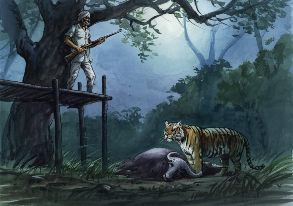 Watercolor illustration of Kundan Singh, a stern-faced man with a weathered complexion and a thick mustache, holding an old, worn rifle, standing on a makeshift wooden platform in a tall tree with Chottu’s dad, a man with worried lines etched around his eyes. They are both aiming at the tiger who is standing over a dead buffalo in the pale moonlight. The scene is bathed in cool blues and grays, with subtle highlights on the gun and the tiger’s fur. The forest floor below is cloaked in shadow. The expression on Kundan Singh’s face is determined, while Chottu’s dad appears hesitant and conflicted. Style: Realistic watercolor illustration with detailed character portraits and a focus on creating a sense of suspense and tension.