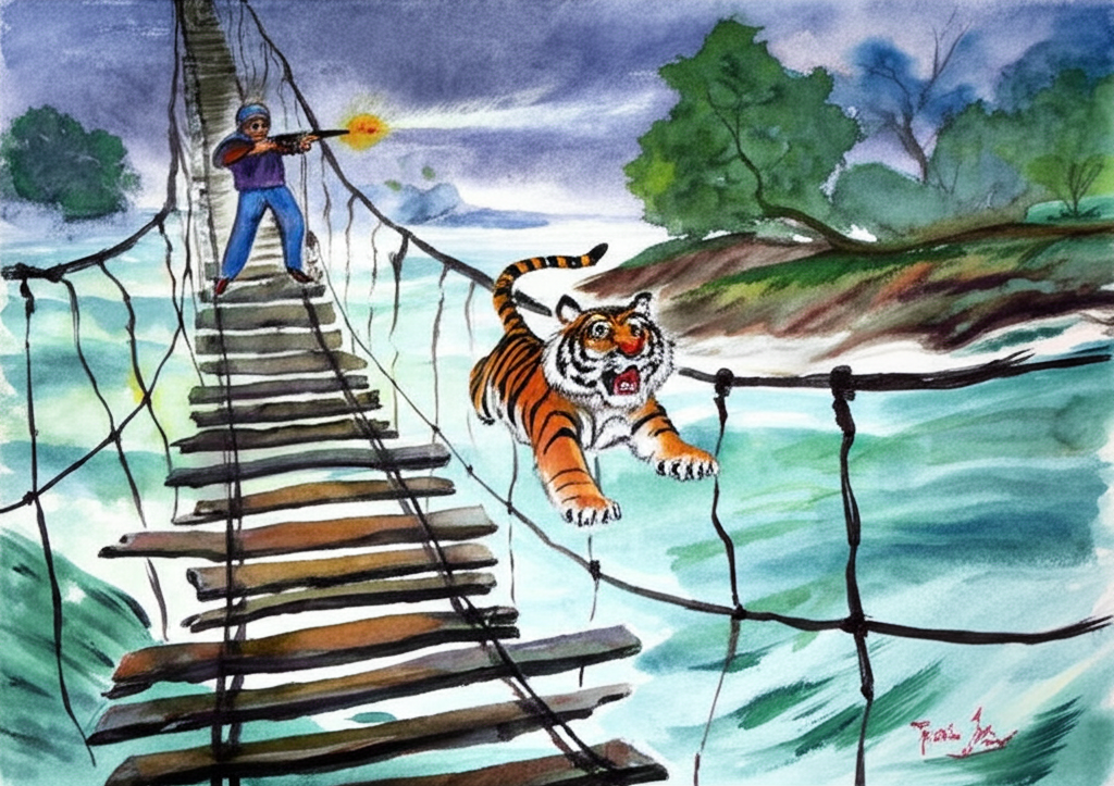 Watercolor illustration of the tiger running desperately across a shaky, rope suspension bridge spanning the turbulent Ganga River. The bridge is trembling precariously, its wooden planks worn and weathered. Kundan Singh, a determined figure, is firing a gun from the riverbank, sending echoes across the water. The river is a swirling mass of dark blues and greens, reflecting the stormy sky above. The tiger’s fur is ruffled by the wind, and its eyes are filled with fear. The overall tone is dramatic and perilous. Style: Dynamic watercolor illustration with a strong sense of perspective and movement, capturing the danger and instability of the situation.