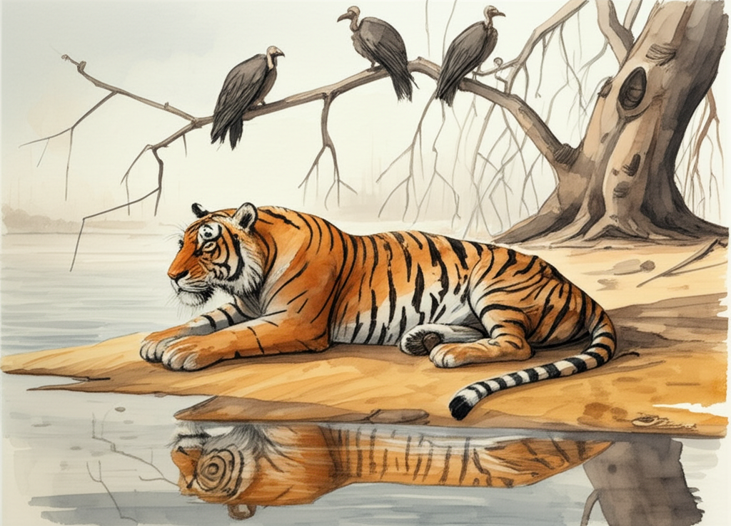 Watercolor illustration of the tiger, exhausted and weakened, lying on a narrow strip of yellow sand on the far side of the Ganga River. His fur is matted and wet, and his breathing is shallow. Vultures with dark plumage are perched ominously on the bare branches of nearby, gnarled trees, casting long shadows on the sand. He is slowly recovering from nearly drowning, his eyes half-closed. The sky is a pale, washed-out blue, reflecting the tiger’s vulnerability. The scene evokes a sense of quiet desperation and resilience. Style: Muted watercolor palette with delicate brushstrokes, emphasizing the tiger’s fragility and the harshness of the environment.
