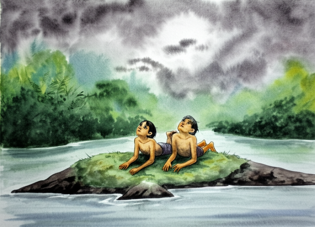 Watercolor illustration of Nandu and Chottu lying on their stomachs on a small, muddy island in the middle of the Ganga, their faces turned upwards, watching dark, ominous rain clouds gathering in the sky. The forest, lush and green, forms a dense backdrop to the scene. The river flows gently around the island, reflecting the gray tones of the sky. Their clothing is simple and worn, and their bare feet are covered in mud. A sense of anticipation and impending rain hangs in the air. Style: Atmospheric watercolor painting with soft blending and subtle color variations, capturing the moodiness of the approaching storm.