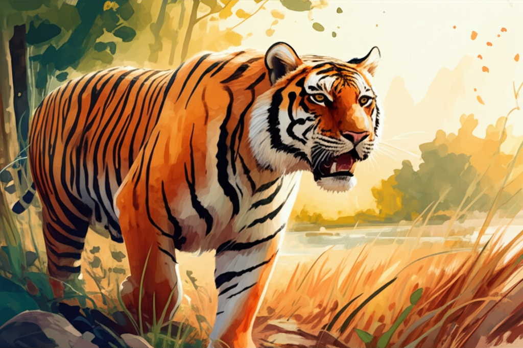 Watercolor illustration of the tiger, now regal and confident, roaring a deep “A-oonh!” that echoes through the forest. He is walking purposefully through tall, sun-drenched grass on the other side of the river, his senses heightened by the alluring smell of a tigress in the air. The forest stretches out before him, a tapestry of greens and browns, promising new beginnings. The warm afternoon light bathes the scene in a golden glow. The tiger’s fur is vibrant and healthy, and his eyes gleam with anticipation. Style: Bold watercolor painting with strong colors and dynamic brushstrokes, conveying the tiger’s power, confidence, and instinctual drive.
