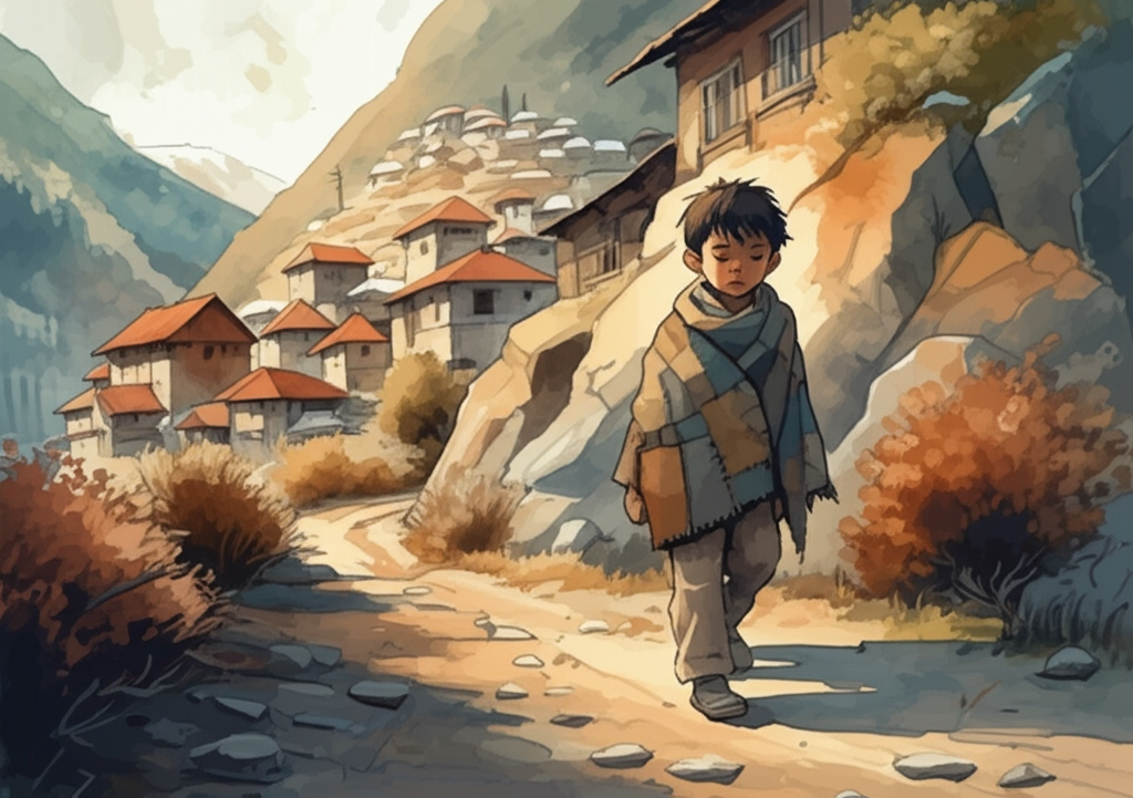 Watercolor illustration of Vijay, a young boy with slightly visible spots on his skin and tired eyes, walking a path lined with brown, bare, and gnarled bushes on one side and a steep, rocky hillside on the other. The weak, diffused sunlight of a late November afternoon casts long, soft shadows across the path. In the background, a small village is nestled amongst rolling hills dusted with early snow. The houses are painted in muted earth tones with terracotta roofs. It is a cold, overcast day in November, with patches of snow visible on the ground, clinging to the shaded areas. Vijay is wrapped in a thin, patched wool shawl, his shoulders hunched against the cold. The overall color palette is muted and melancholic, dominated by browns, grays, and subtle blues, evoking a sense of quiet hardship. The watercolor effect should be soft, with gentle blending and a natural flow, capturing the subtle textures of the landscape and the boy’s worn clothing.