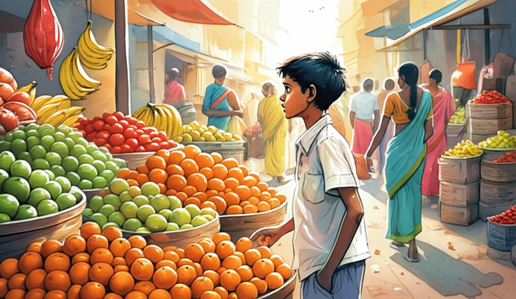 Watercolor illustration of Vijay standing in a bustling market bathed in the warm, golden light of midday. Fruit stands are overflowing with vividly colored oranges, guavas, bananas, and apples, creating a kaleidoscope of vibrant hues. The air is thick with the scent of spices and ripe fruit. Vijay’s eyes are fixed on the oranges, their bright color contrasting with the drabness of his surroundings. His stomach is slightly visible through his thin, patched clothes, suggesting hunger. His ribs are subtly visible. People are walking by, dressed in colorful saris and dhotis, seemingly oblivious to Vijay’s longing gaze. Their expressions are a mix of haggling and hurriedness. The background features blurred figures and stalls laden with vegetables, spices, and textiles. The watercolor style is loose and expressive, emphasizing the energy and vibrancy of the market with dynamic brushstrokes and a rich, warm color palette. Vijay’s expression should clearly convey yearning and a hint of desperation.