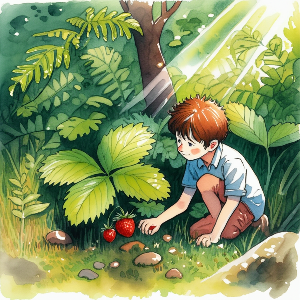 Watercolor illustration of Vijay discovering wild strawberries in a sun-dappled clearing. He is kneeling in the damp grass, his fingers gently separating the broad, green leaves to reveal a small, bright red strawberry hidden beneath. The sun filters through the canopy of trees overhead, casting dappled shadows on the ground, creating a mosaic of light and shade. A gentle breeze rustles the leaves. He’s surrounded by ferns and moss-covered rocks. The color palette is dominated by lush greens, vibrant reds, and warm yellows, conveying a sense of natural beauty and hope. Vijay’s face is illuminated with a mixture of wonder and anticipation. His small hand gently plucks the berry. The watercolor technique captures the delicate textures of the leaves, the moist earth, and the plumpness of the strawberry. Soft blending creates a sense of tranquility and intimacy.