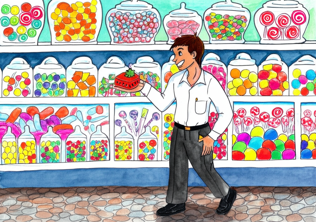 Watercolor illustration of the ‘rich’ boy in clean, pressed clothes holding a brightly wrapped, elaborately decorated sweet in his hand. He stands on polished cobblestones, the light glinting off his immaculate shoes. He’s smiling slightly, a hint of condescension in his eyes, looking down at Vijay who is out of focus in the foreground. Coins are visible jingling in the boy’s pocket, creating subtle shadows on his pristine white shirt. The backdrop is a colorful candy shop with large, sparkling glass jars filled with sweets in every imaginable color and shape. The lighting is bright and inviting, highlighting the abundance of the shop. The color palette is vibrant and cheerful, contrasting sharply with the drabness that usually surrounds Vijay. The watercolor style is clean and precise, emphasizing the boy’s polished appearance and the opulence of the candy shop. The rich boy’s expression should convey a sense of superiority and detachment from Vijay’s circumstances.