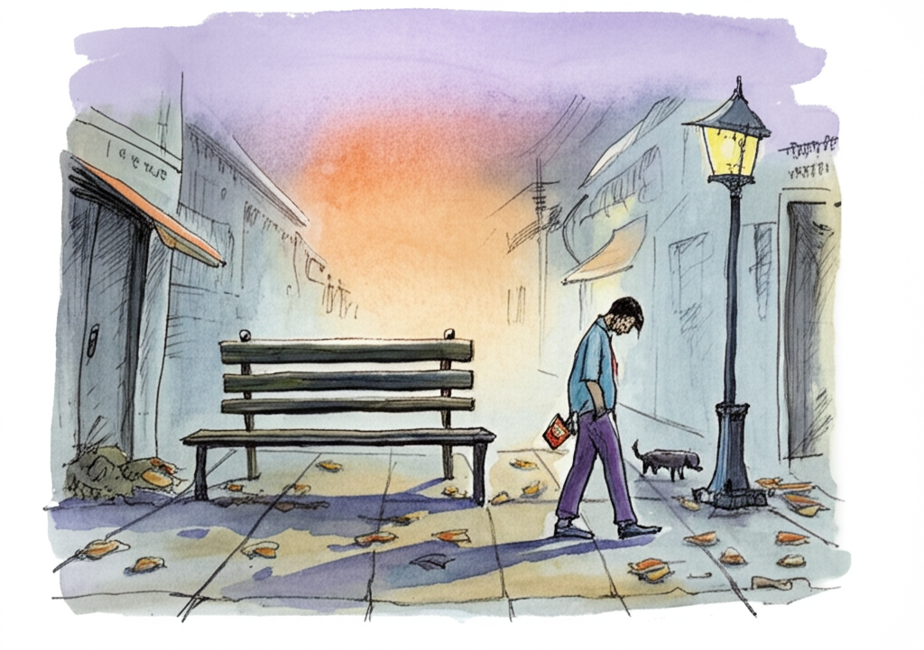 Watercolor illustration of Vijay walking away from a weathered wooden bench with an empty, crumpled sweet bag clutched tightly in his small pocket. His head is down, his gaze fixed on the cracked pavement, and his shoulders are slumped with disappointment. The street is deserted, littered with fallen leaves and bits of trash. The light is fading, casting long, melancholic shadows and suggesting the end of the day, with the warm glow of twilight painting the sky in hues of orange and purple. A stray dog watches him from a distance. The color palette is muted and desaturated, dominated by grays, browns, and fading blues, reflecting Vijay’s dejection. The watercolor technique is loose and expressive, capturing the weight of his disappointment and the emptiness of the street. Details like cracked pavement and peeling paint on the bench enhance the feeling of neglect and isolation.