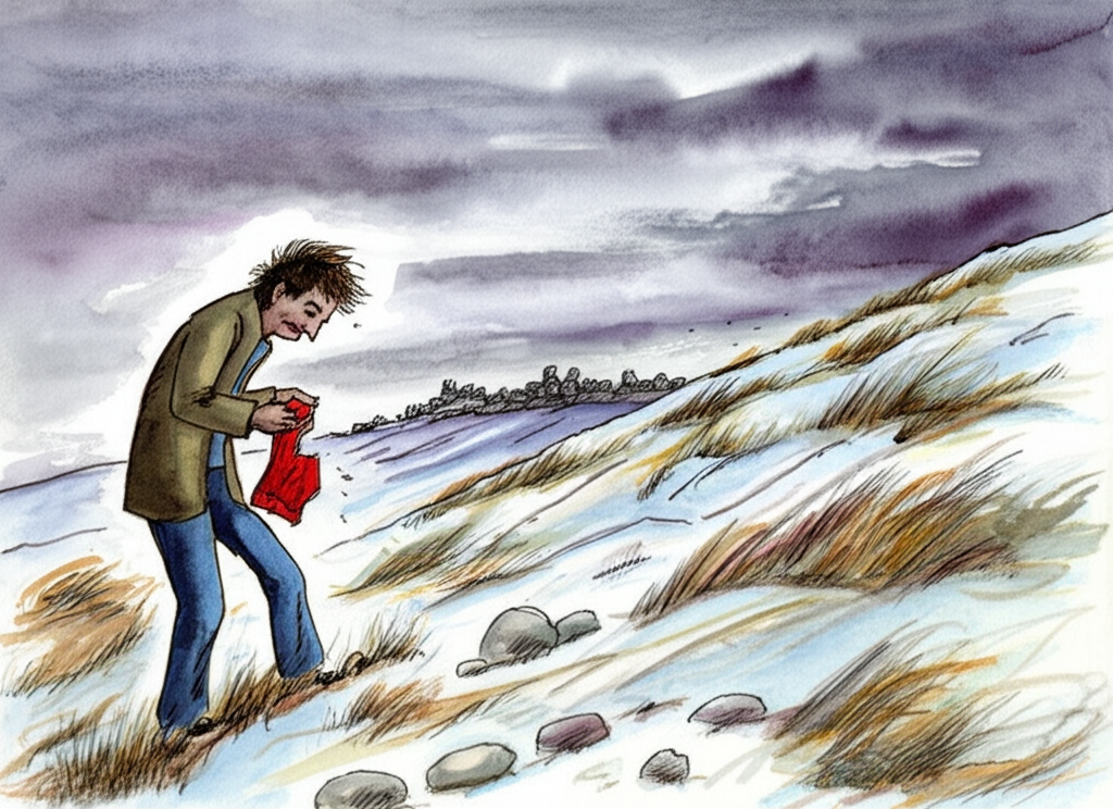 Watercolor illustration of Vijay standing on a windswept hillside, the biting wind whipping through his thin clothes. He’s unwrapping a faded red candy wrapper to reveal not a sweet, but a smooth, round, ordinary grey stone. His face is a mixture of raw anger, heart-wrenching sadness, and profound disillusionment, tears welling up in his eyes and tracing paths down his dusty cheeks. He is surrounded by patches of snow and bare, brown bushes, their branches reaching out like skeletal fingers. The sky is a turbulent mix of gray and purple clouds, threatening more snow. In the distance, the village appears small and insignificant. The overall color palette is cold and stark, with grays, browns, and whites dominating the scene, reflecting Vijay’s emotional turmoil. The watercolor technique is raw and emotive, capturing the intensity of Vijay’s emotions and the harshness of the landscape. The stone should appear dull and lifeless, a symbol of his shattered expectations.
