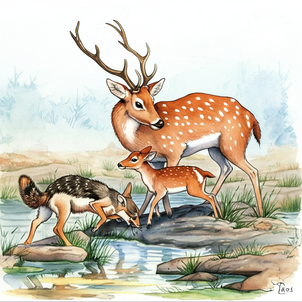 A heroic scene unfolds as deer uses her antlers to protect baby deer from the snatching jackals