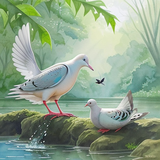 The dove gently lowers a leaf to rescue the struggling ant, who gratefully climbs aboard. The scene is set by the riverbank, with lush vegetation and sun shining overhead.